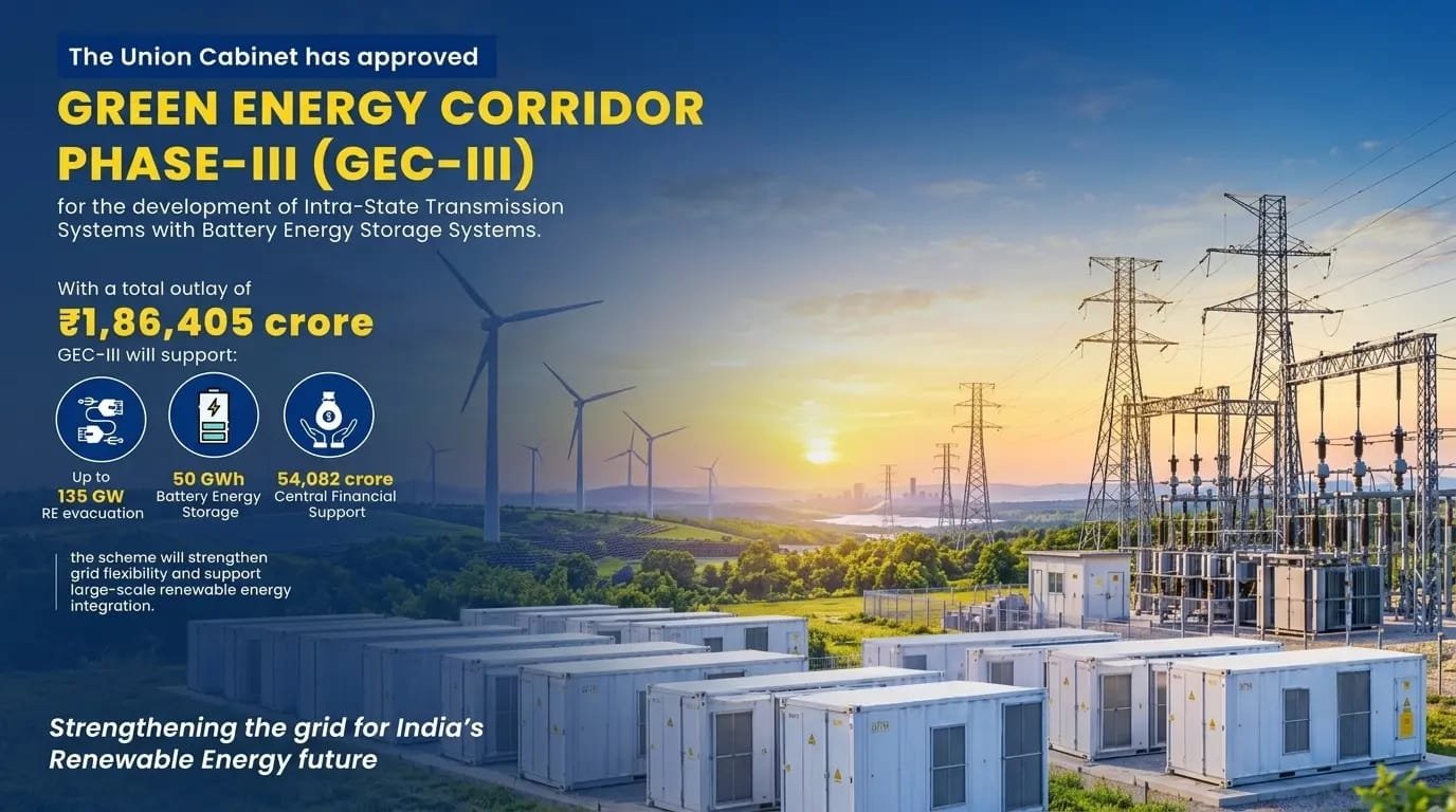 Cabinet Approves ₹1.86 Lakh Crore Green Energy Corridor-III for 135 GW Renewable Energy and 50 GWh BESS