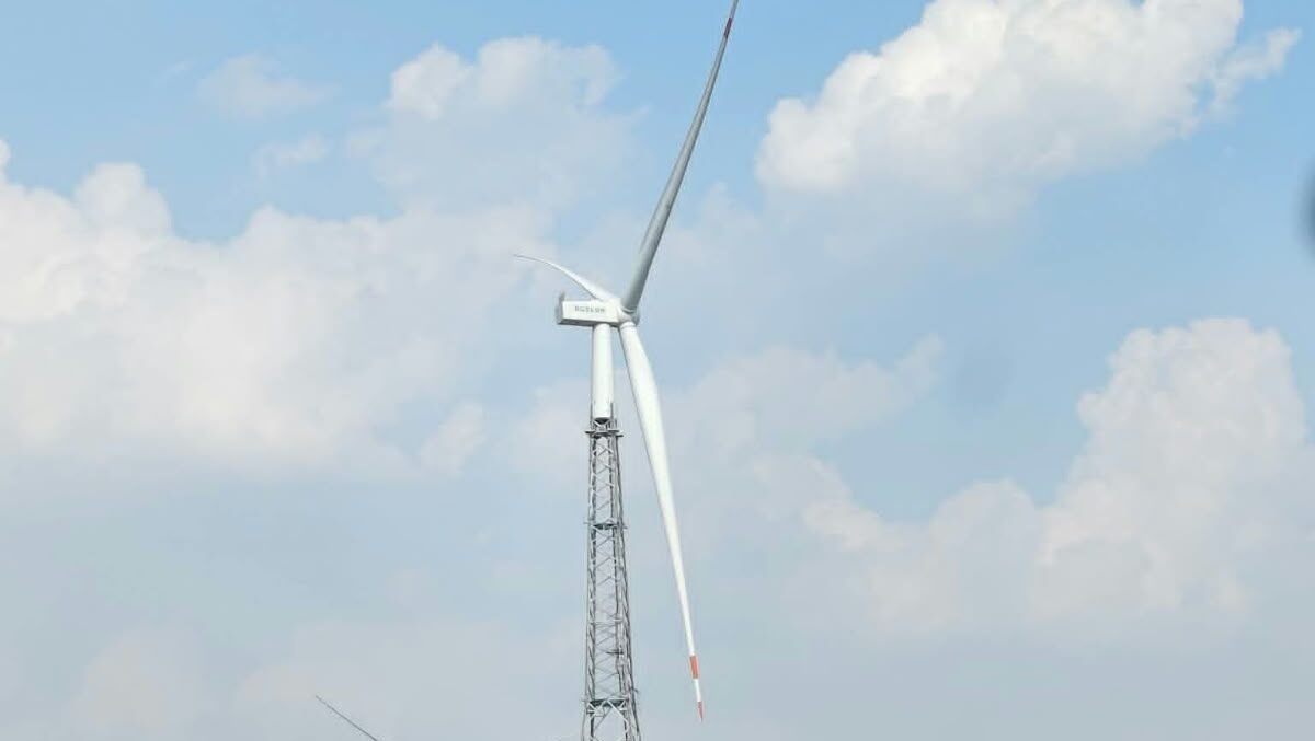 Suzlon wind turbines at the NTPC Green Energy Jamjodhpur wind project in Jamnagar, Gujarat.